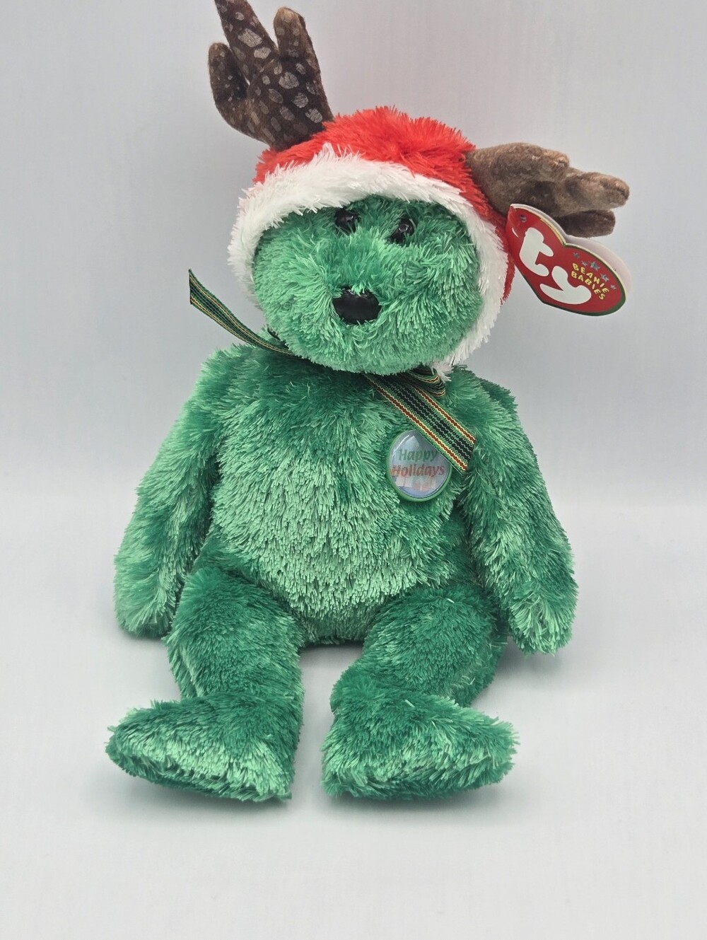 Ty Beanie Baby Holiday Teddy Bear Green Christmas Reindeer Bear Antlers 2002